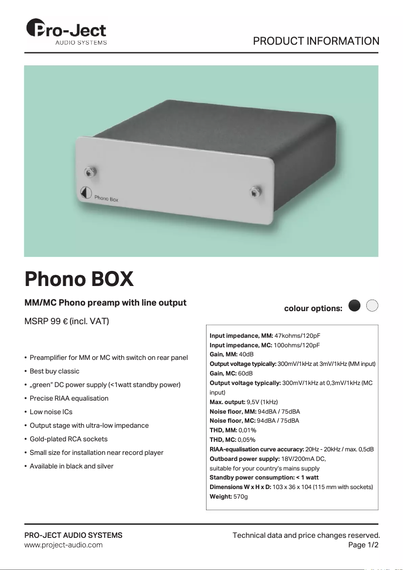Page 1 de la notice Manuel utilisateur Pro-Ject Phono Box