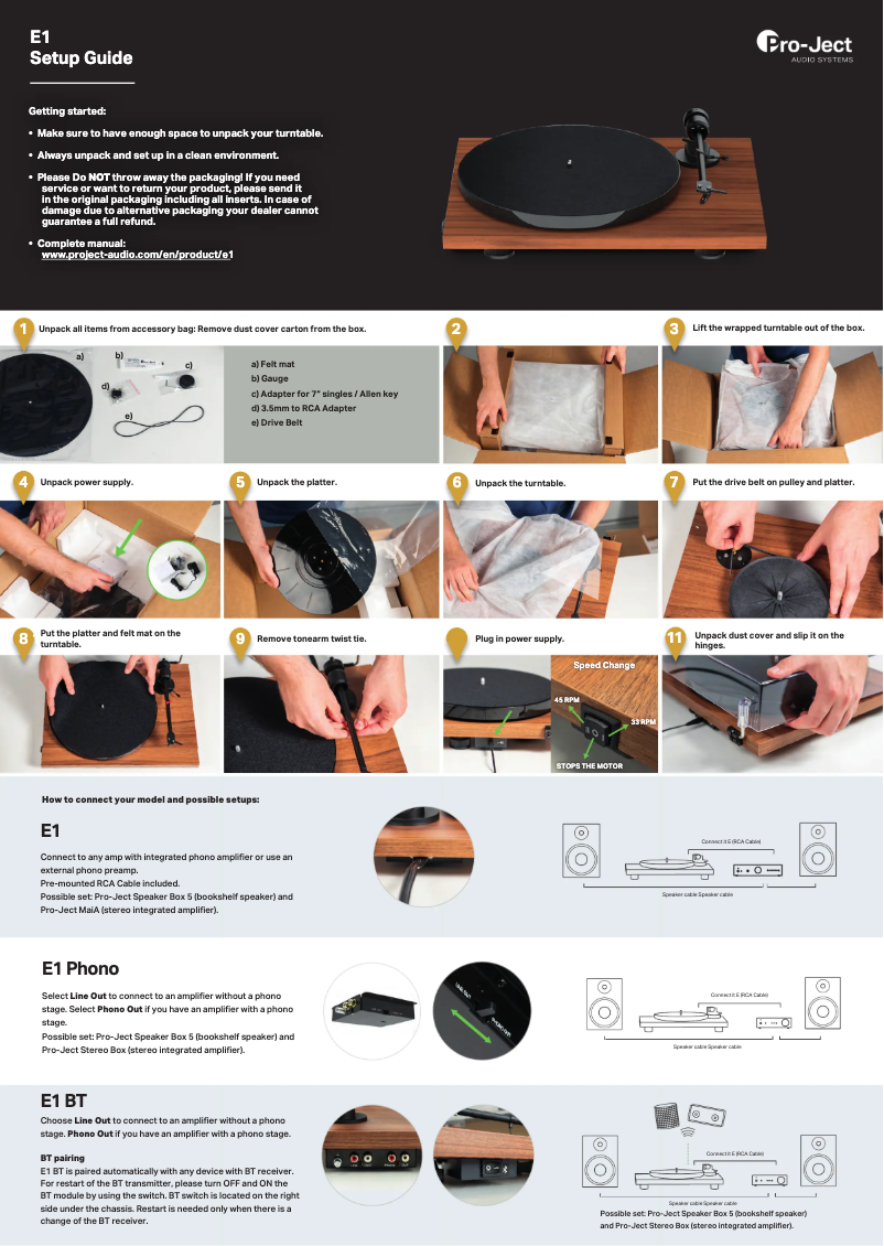 Page 1 de la notice Guide d'installation Pro-Ject E1 BT