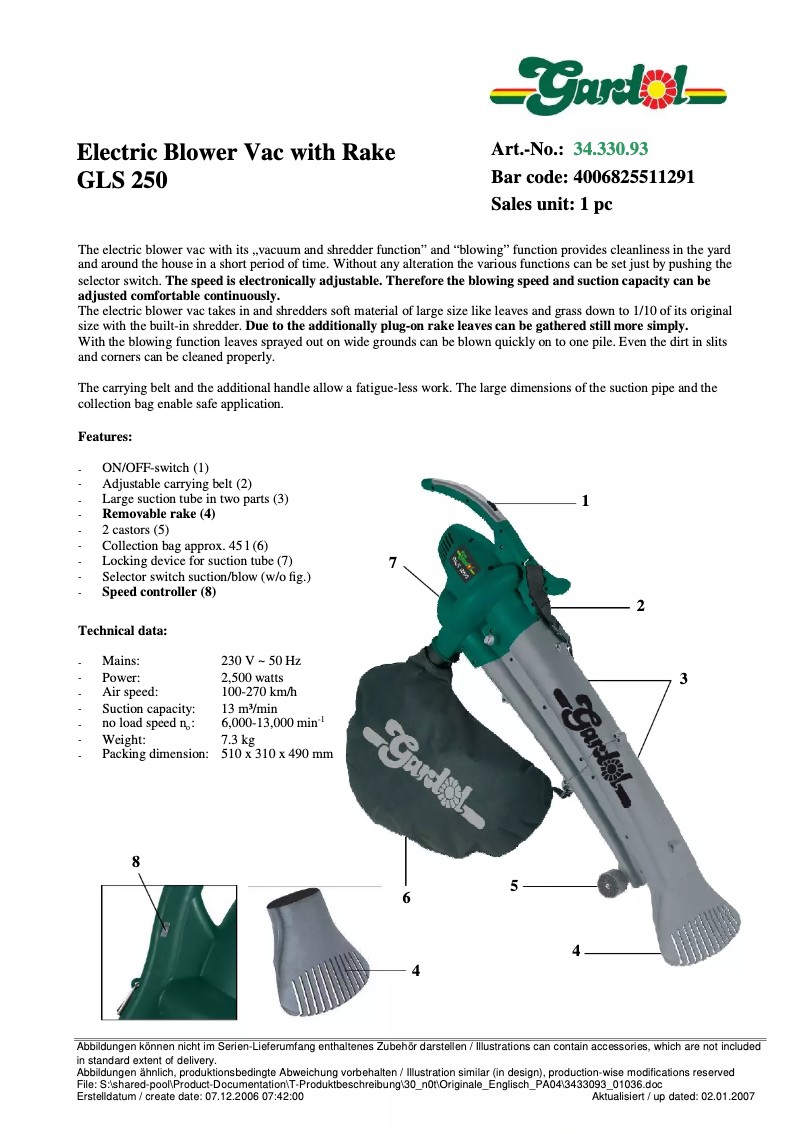 Image de la première page du manuel de l'appareil GLS 250