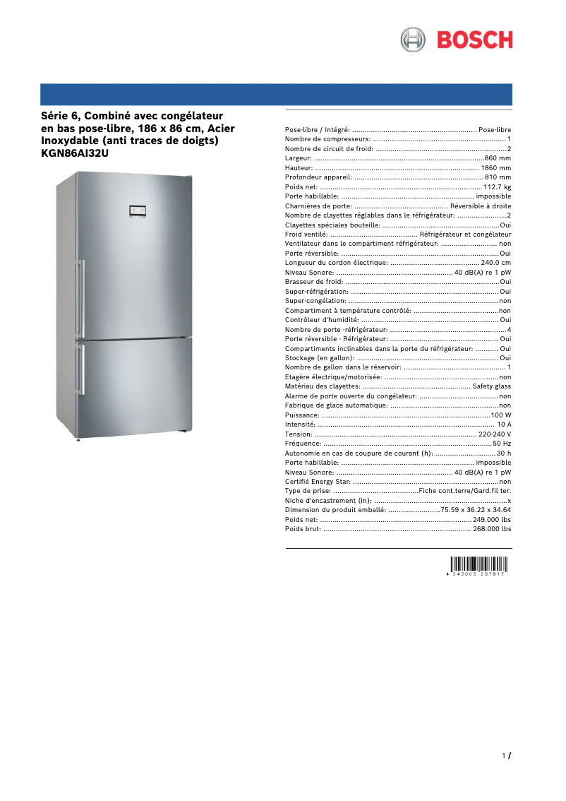 Página 1 del manual Ficha técnica Bosch KGN86AI32U