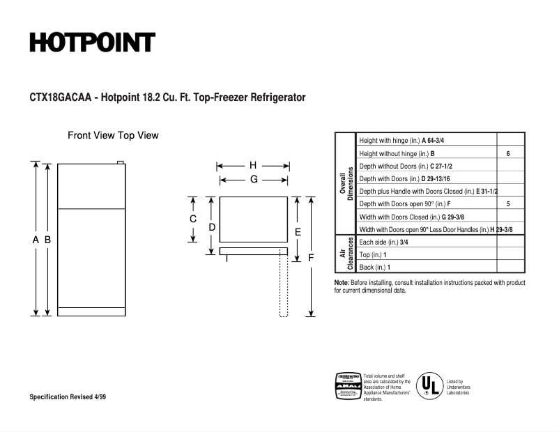 Page 1 de la notice Fiche technique Hotpoint CTX18GACAA