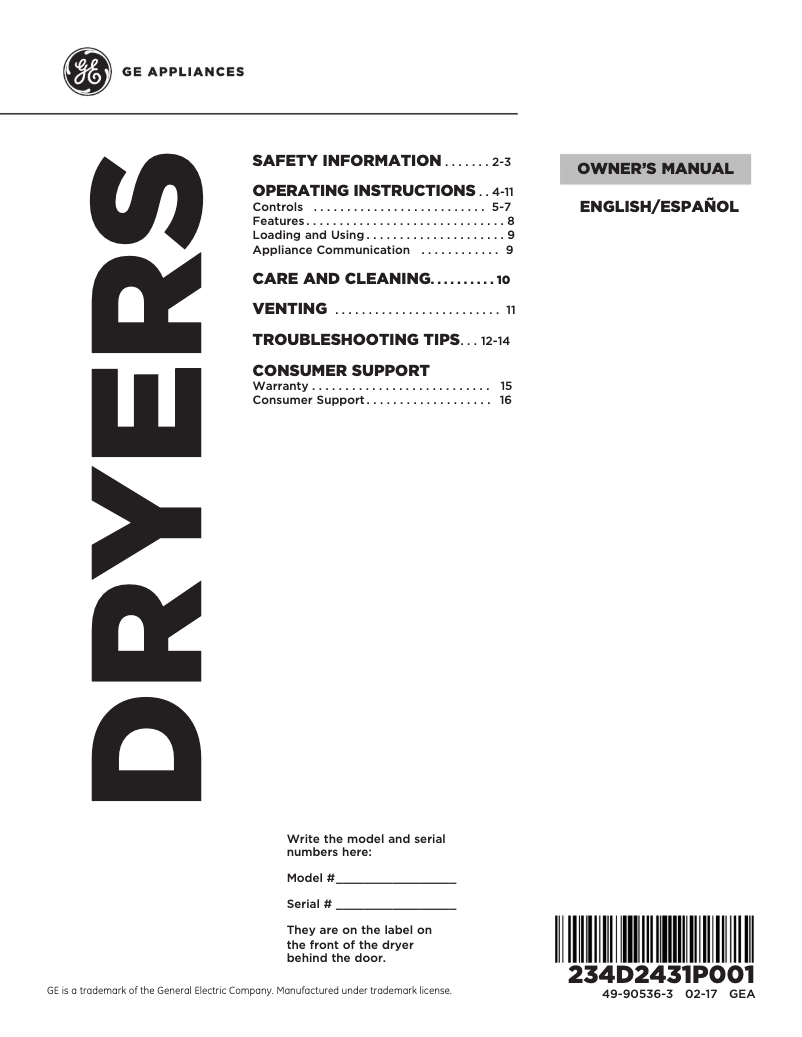 Page n°1 - Manuel utilisateur GE GTD75GCSLWS