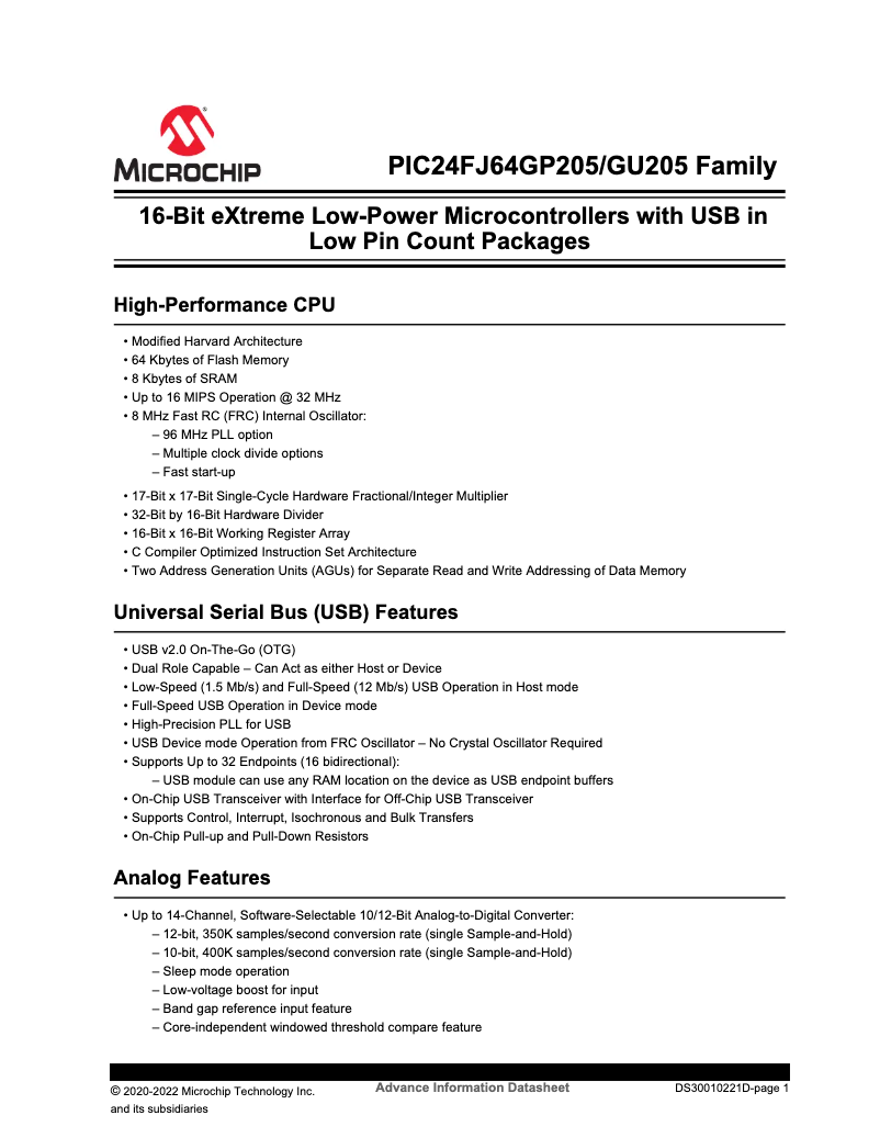Page 1 de la notice Fiche technique Microchip PIC24FJ32GU202