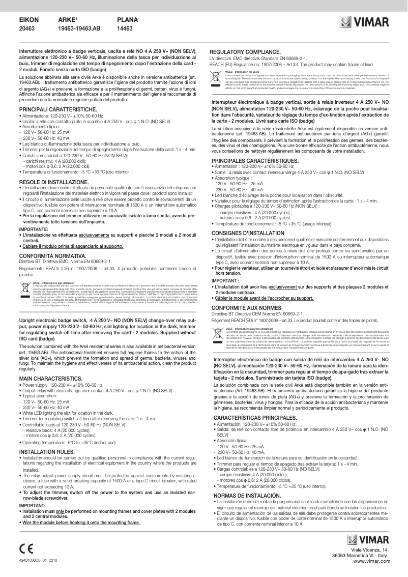 Page 1 de la notice Manuel utilisateur Vimar 20463