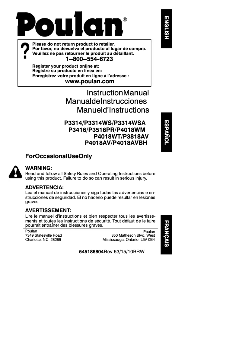 Page n°1 - Manuel utilisateur Poulan P4018AV