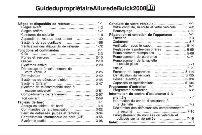 Page 1 de la notice Manuel utilisateur Buick Allure (2008)