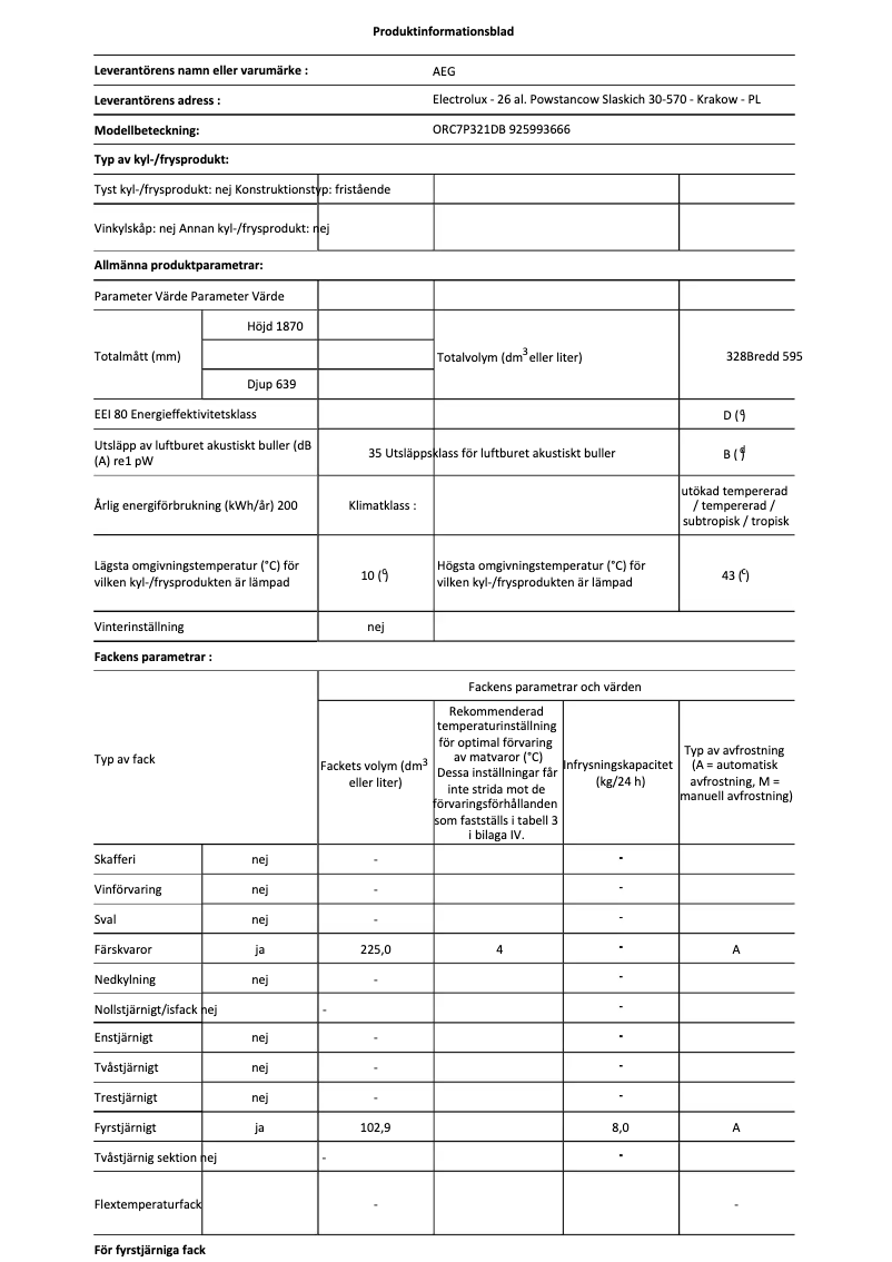Page 1 de la notice Fiche technique AEG ORC7P321DB