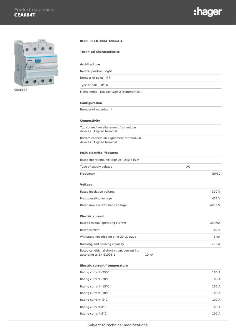 Page n°1 - Fiche technique Hager CEA684T