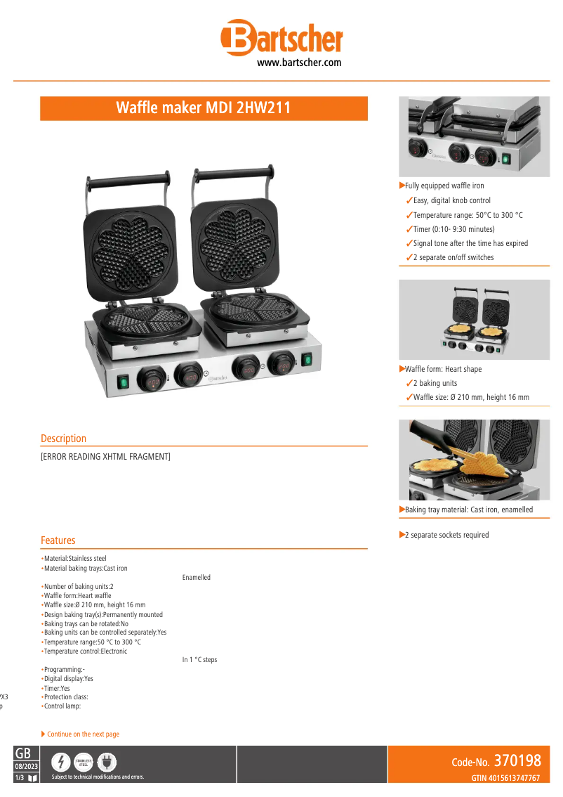 Página 1 del manual Ficha técnica Bartscher MDI 2HW211