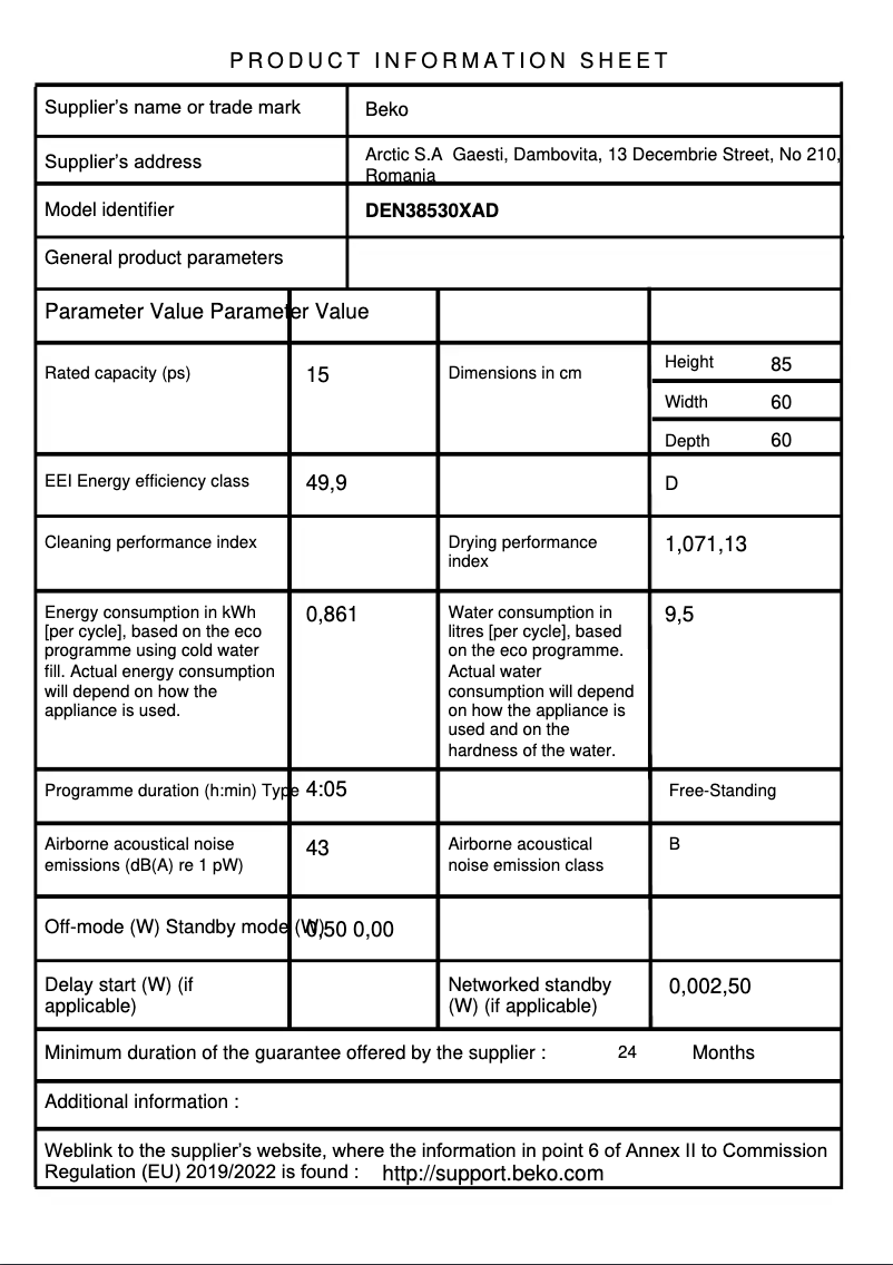 Page 1 de la notice Brochure Beko DEN38530XAD