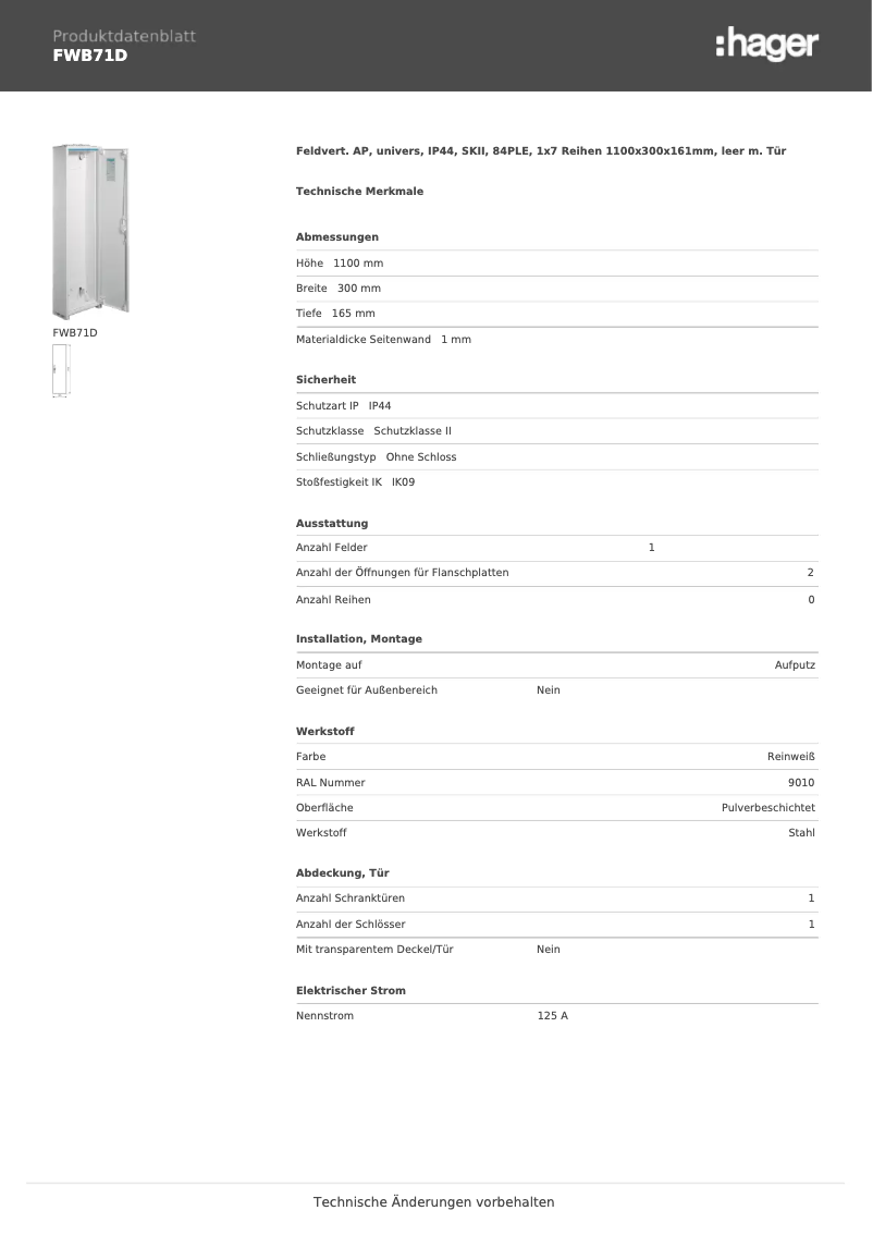 Page 1 de la notice Fiche technique Hager FWB71D