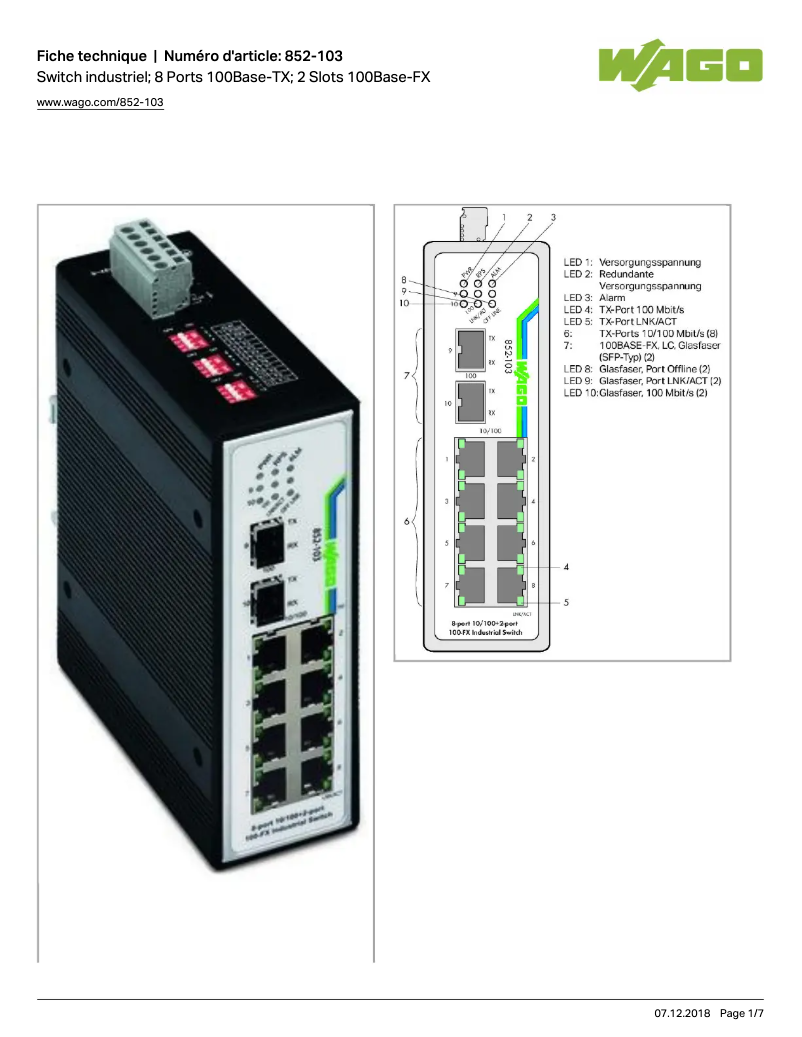 Page 1 de la notice Manuel utilisateur Wago 852-103