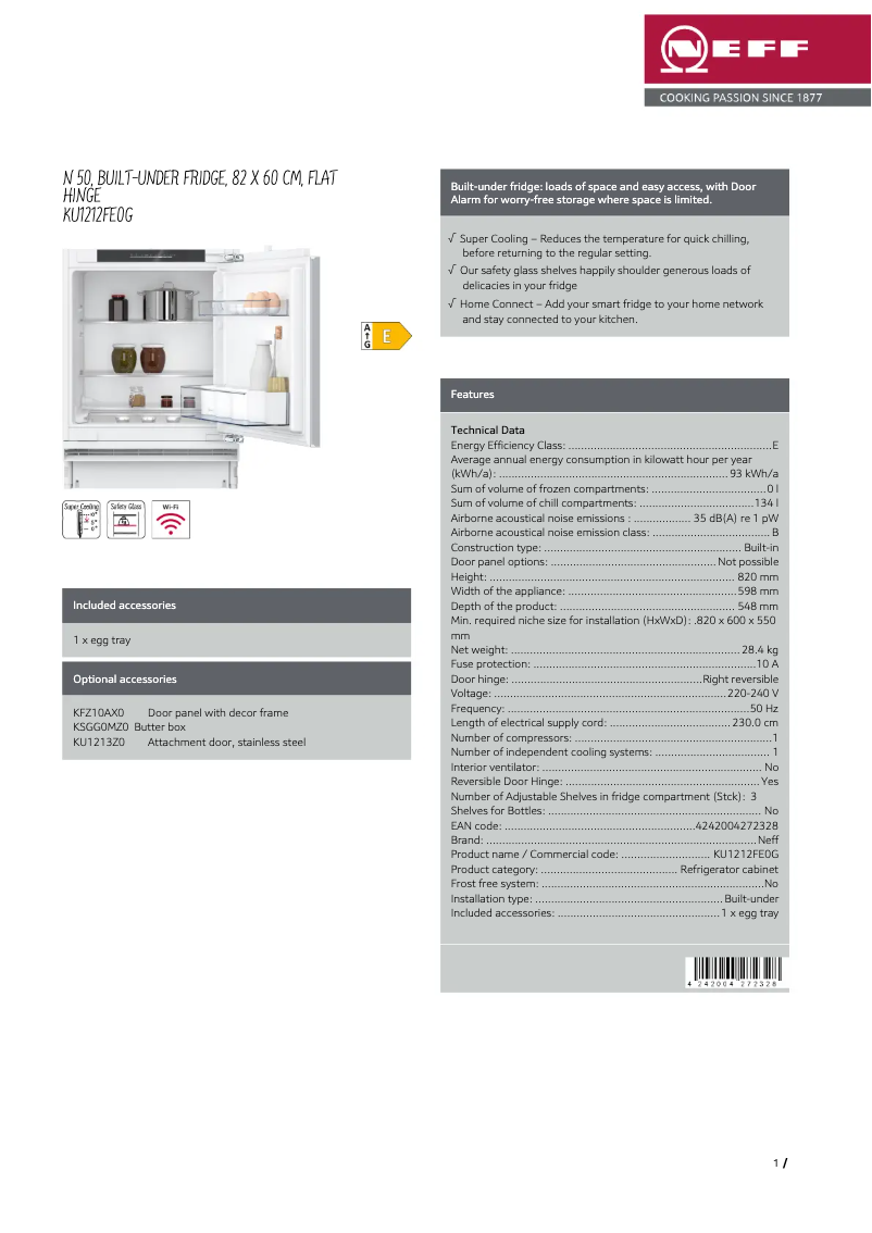 Page 1 de la notice Fiche technique Neff KU1212FE0G