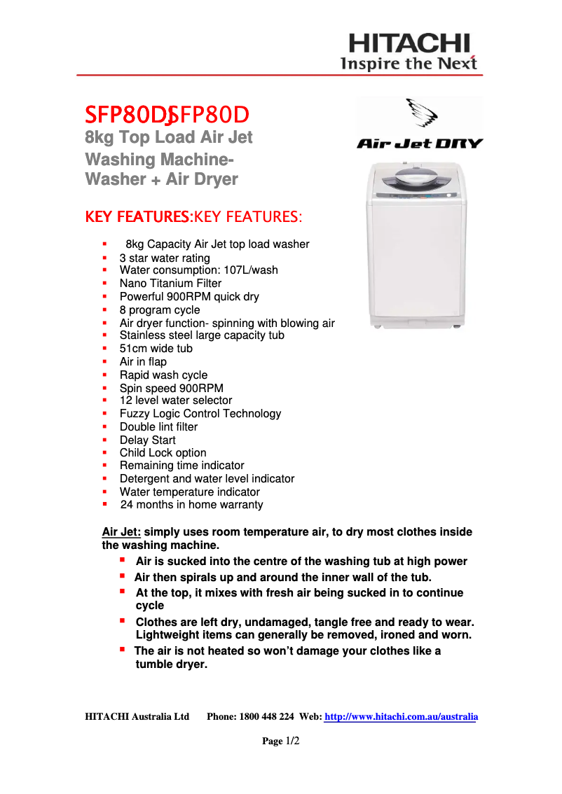 Page 1 de la notice Fiche technique Hitachi SF-P80DJ