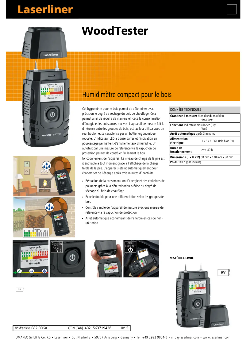 Page 1 de la notice Fiche technique Laserliner WoodTester
