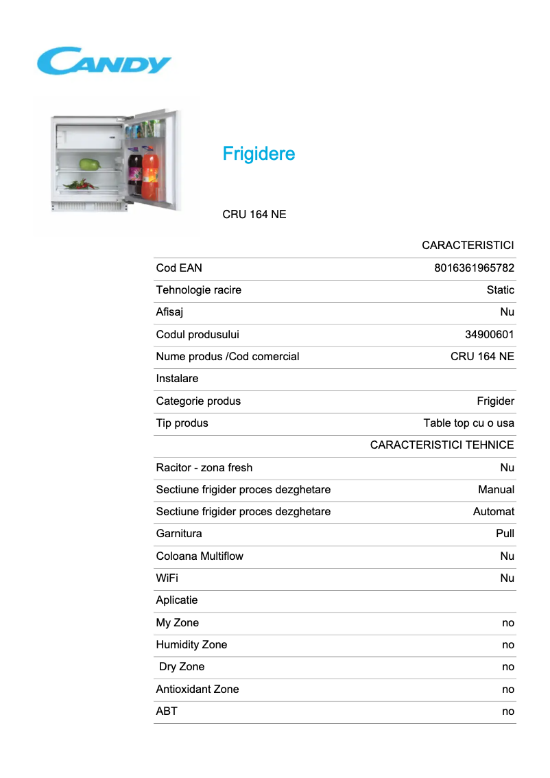 Page 1 de la notice Fiche technique Candy CRU 164 NE