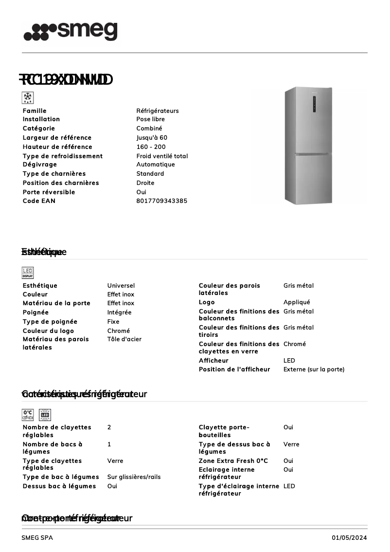 Page 1 de la notice Fiche technique Smeg RC19XDNMD