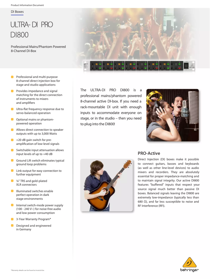 Page n°1 - Fiche technique Behringer Dultra-DI Pro DI800