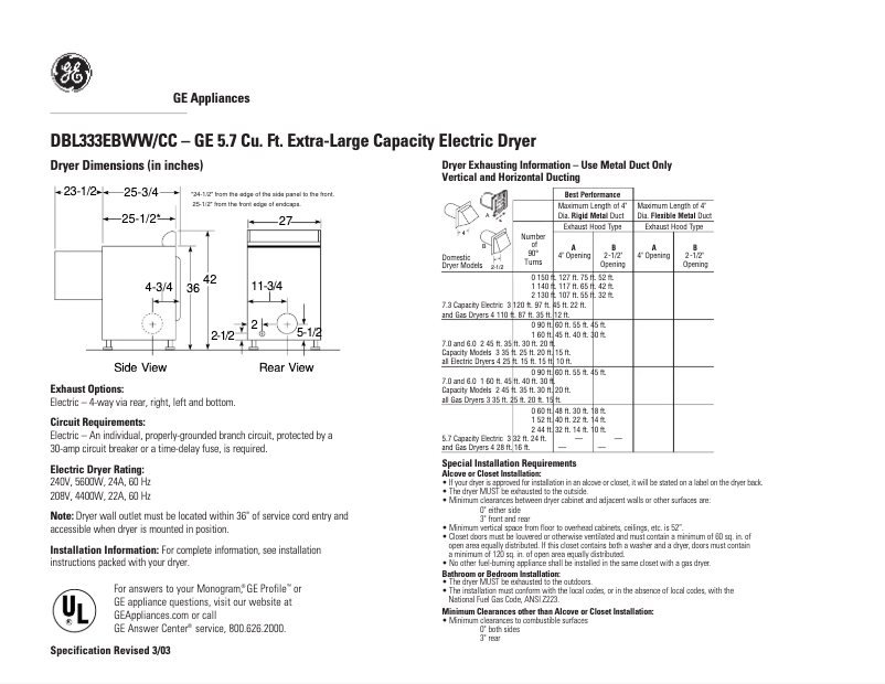 Page n°1 - Fiche technique GE DBL333EBWW