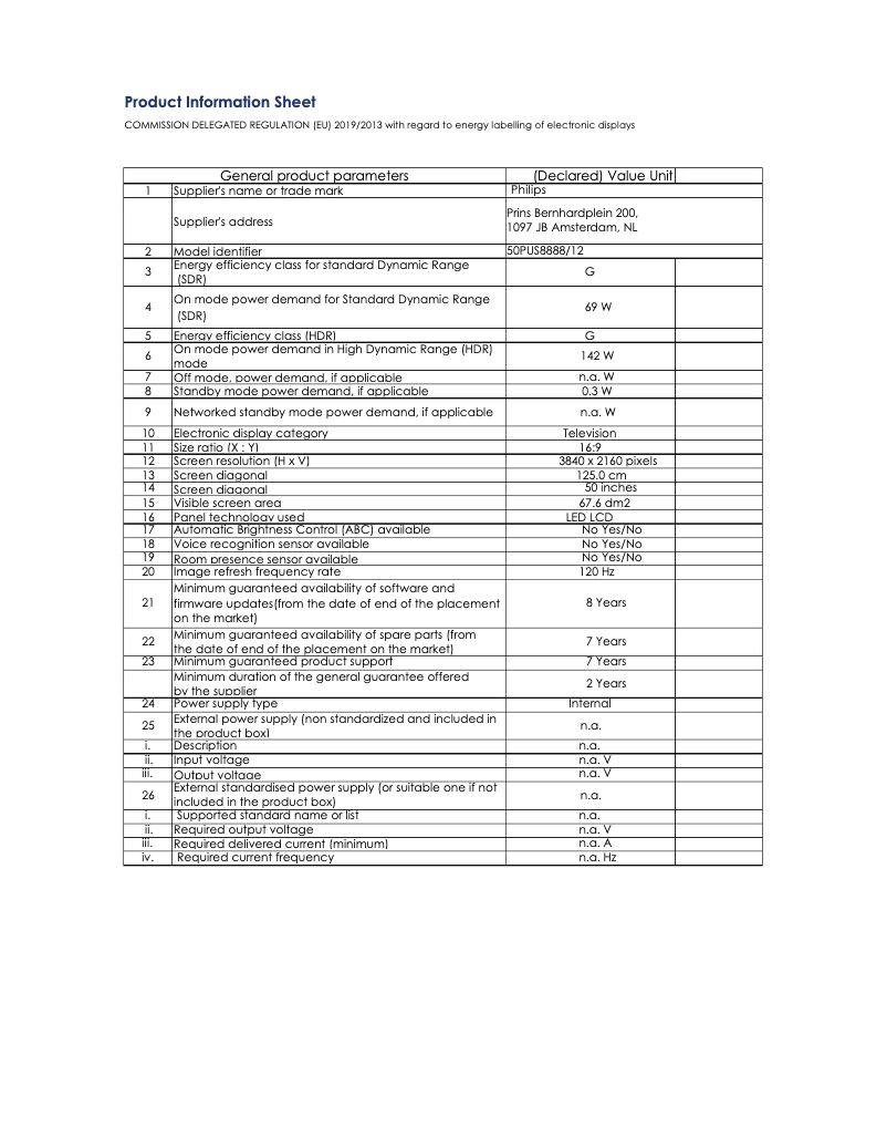 Page 1 de la notice Fiche technique Philips 50PUS8888