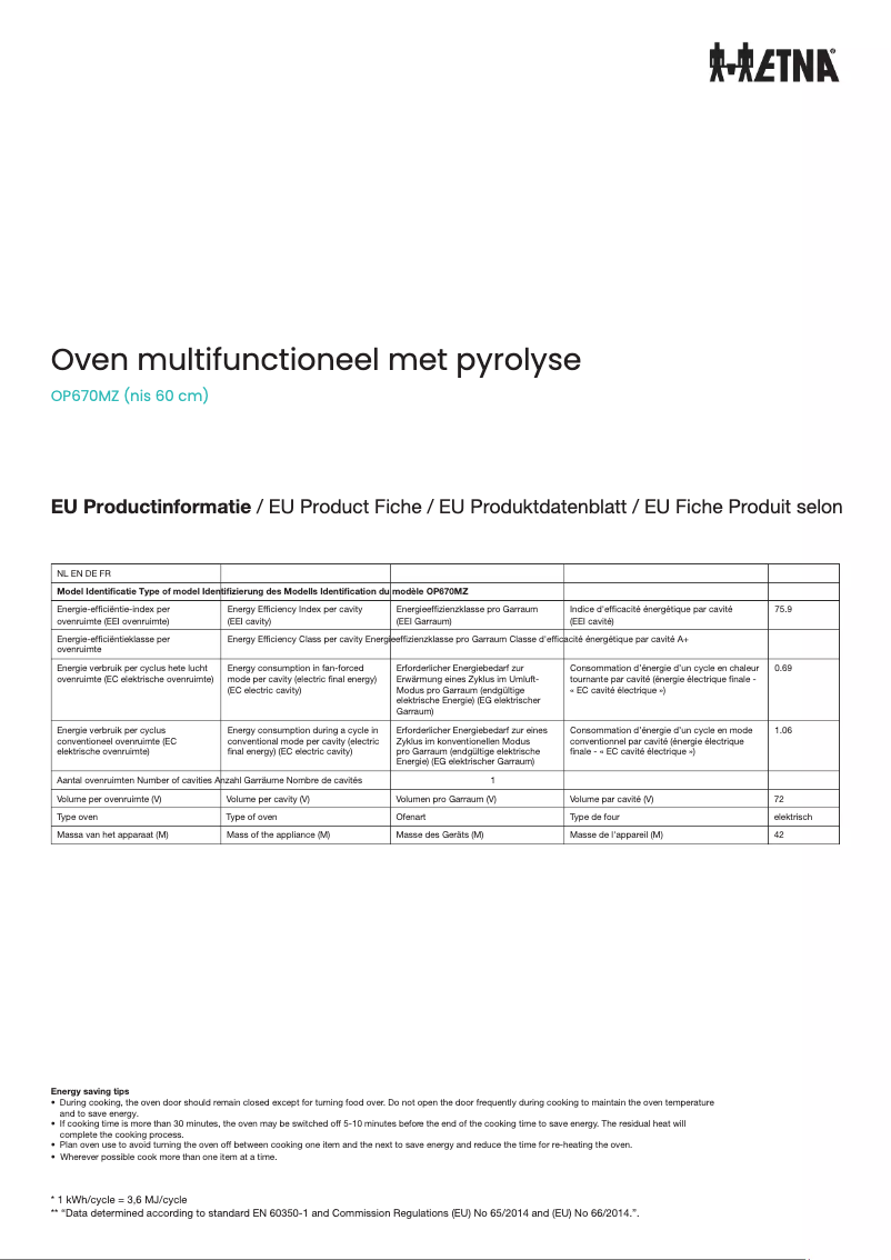 Page 1 de la notice Fiche technique Etna OP670MZ