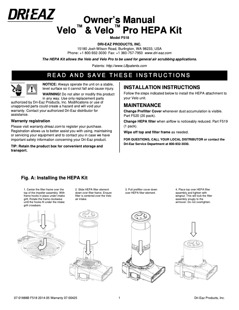 Page 1 de la notice Manuel utilisateur Dri Eaz Velo F518