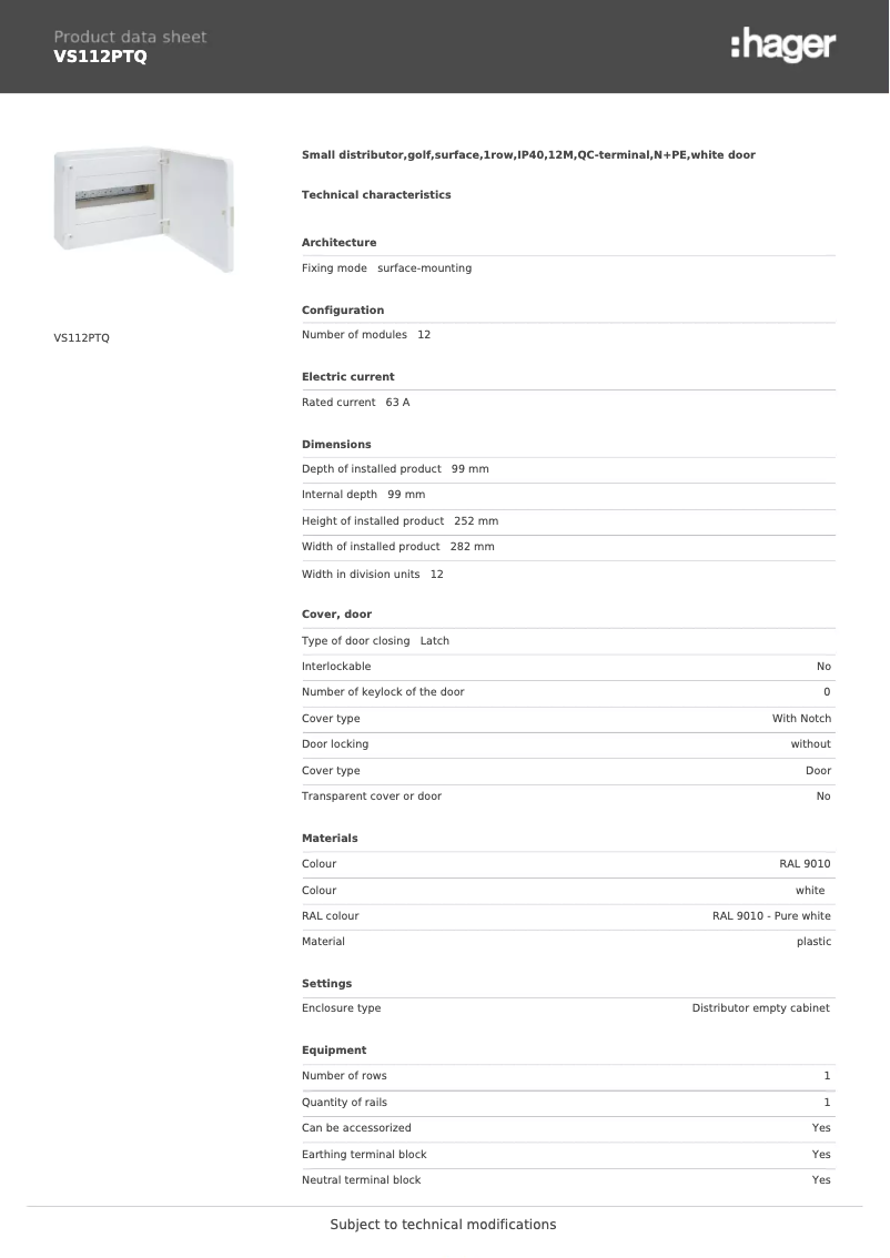 Page n°1 - Fiche technique Hager VS112PTQ