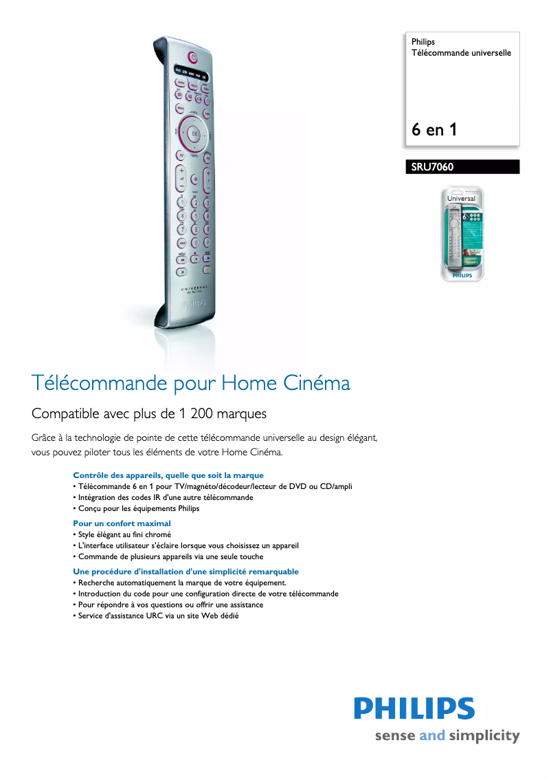 Page 1 de la notice Fiche technique Philips SRU7060