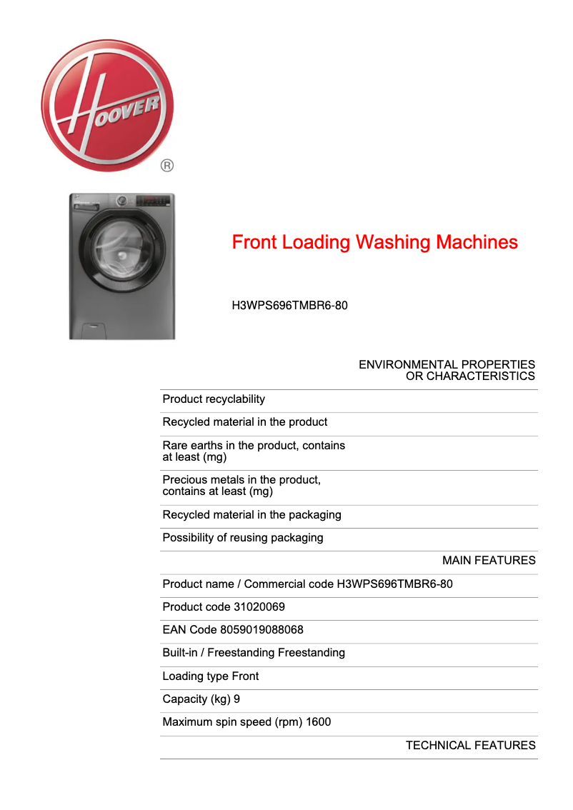 Page 1 de la notice Fiche technique Hoover H3WPS696TMBR6-80