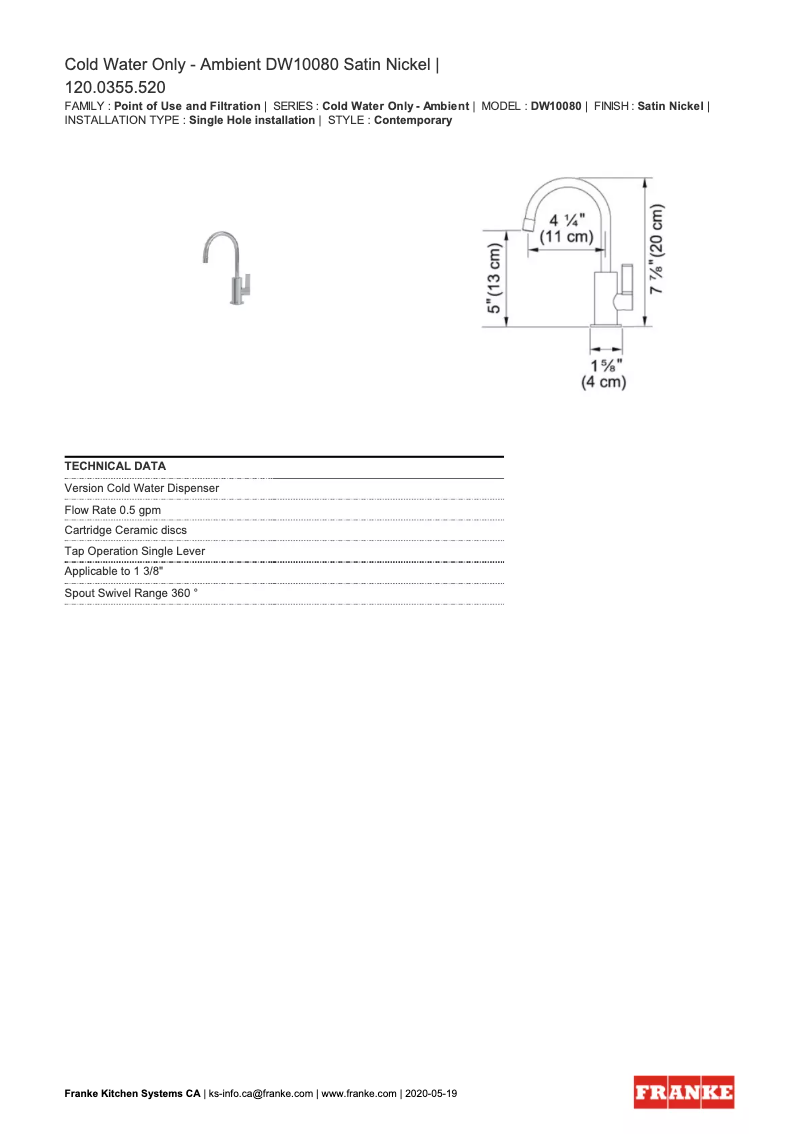 Page n°1 - Fiche technique Franke Ambient DW10080