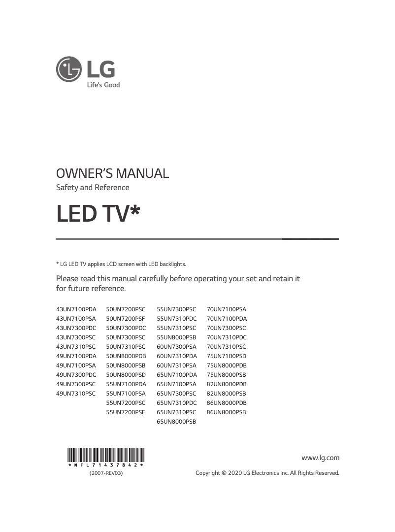 Page 1 de la notice Manuel utilisateur LG 50UN7300PSC
