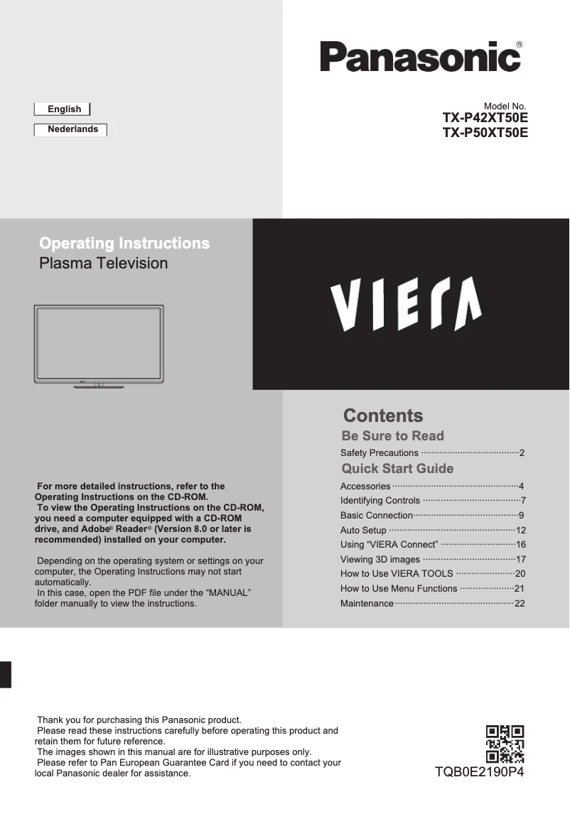 Page 1 de la notice Manuel utilisateur Panasonic TX-P42XT50