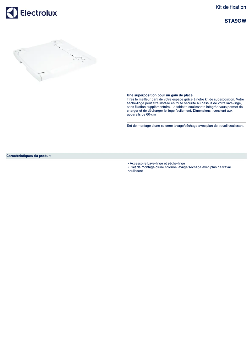 Page 1 de la notice Fiche technique Electrolux STA9GW