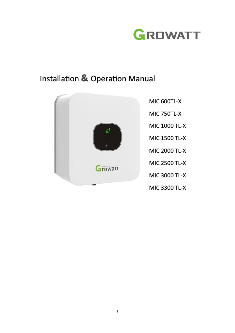 Page 1 de la notice Manuel utilisateur Growatt MIC 1500-3300TL-X
