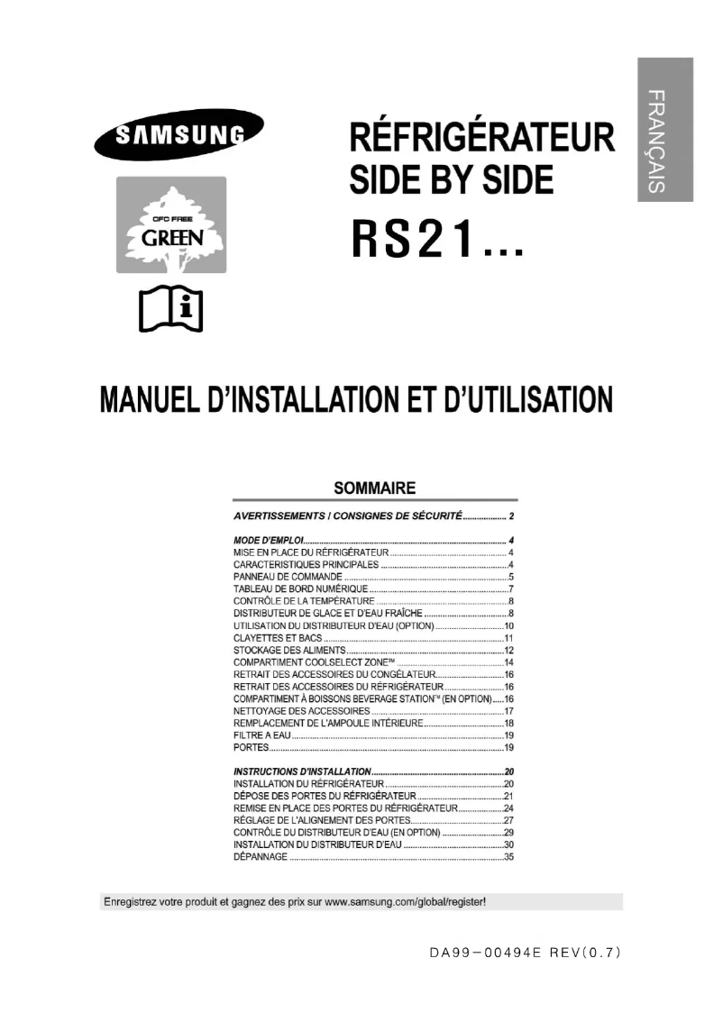 Page 1 de la notice Manuel utilisateur Samsung RS21KLAL