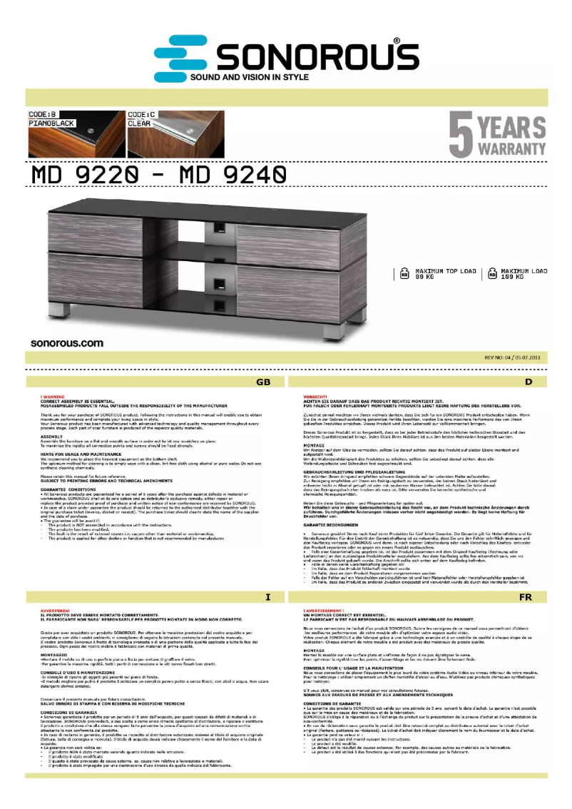 Page 1 de la notice Manuel utilisateur Sonorous MD 9220-B-HBLK-BLK