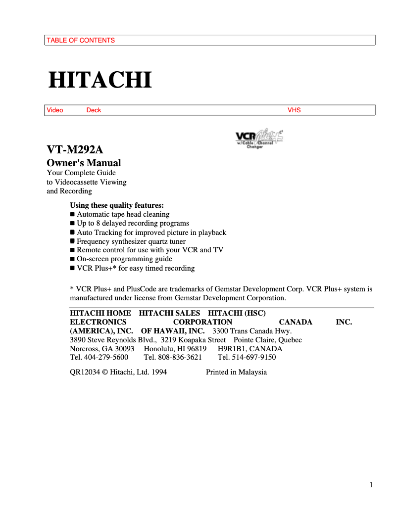 Page 1 de la notice Manuel utilisateur Hitachi VT-M292A