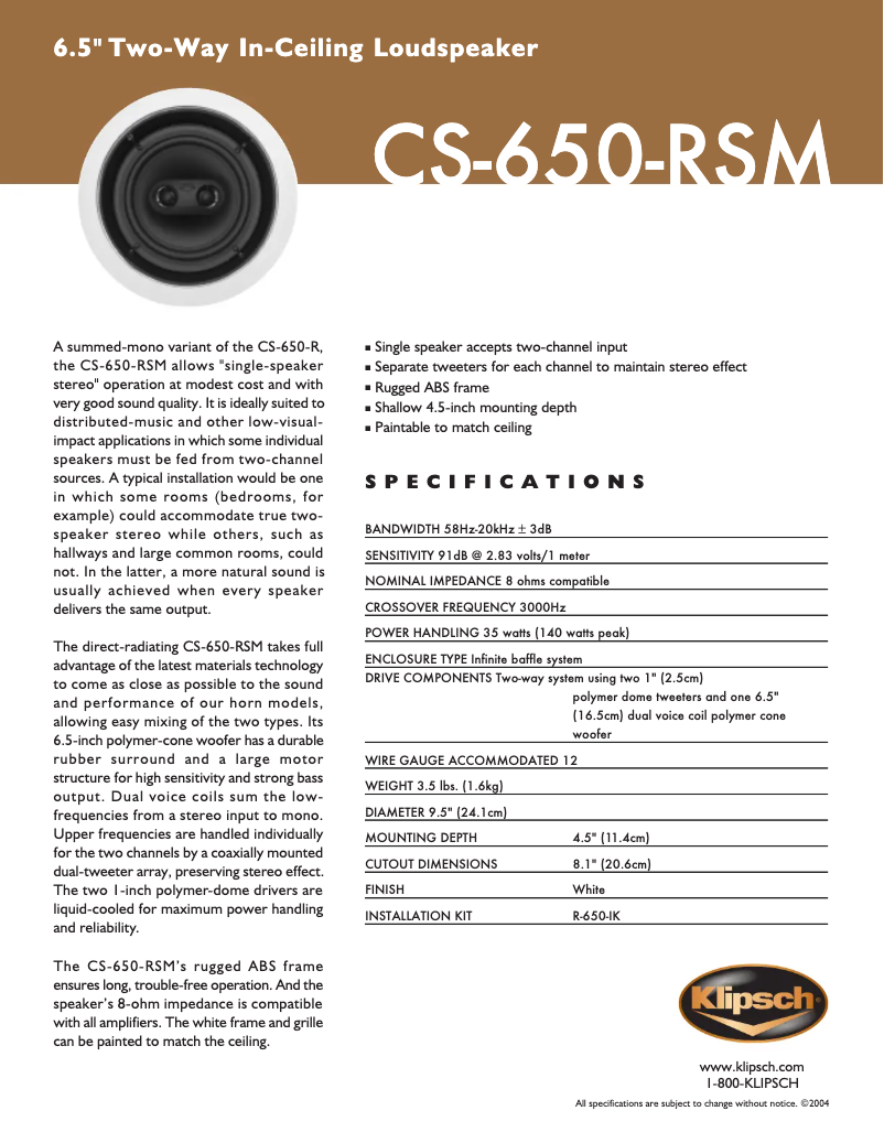 Page 1 de la notice Fiche technique Klipsch CS-650-RSM