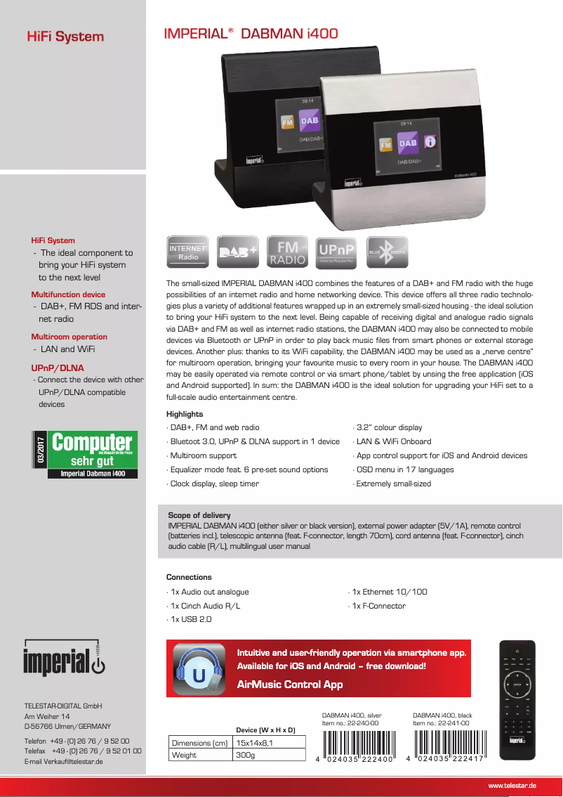 Imagen de la primera página del manual del dispositivo Dabman i400