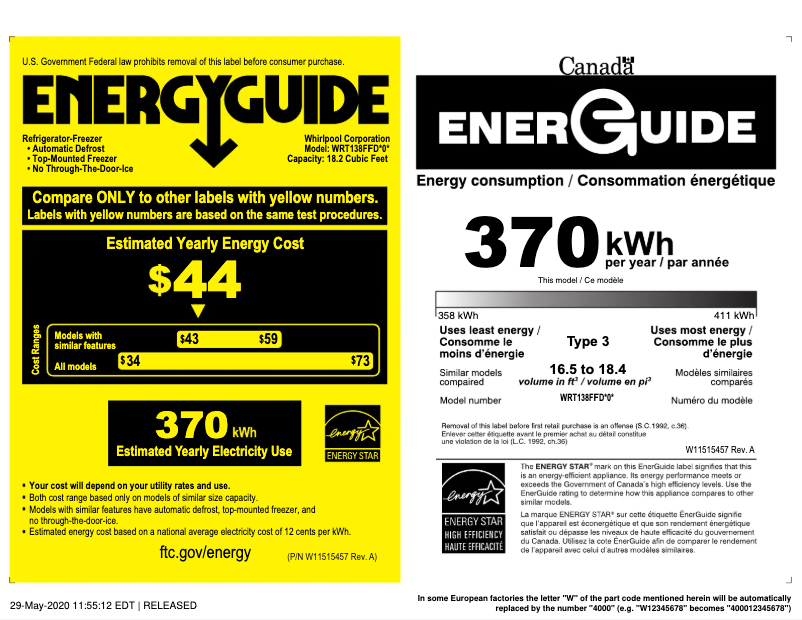 Página 1 del manual Etiqueta energética Whirlpool WRT138FFDM