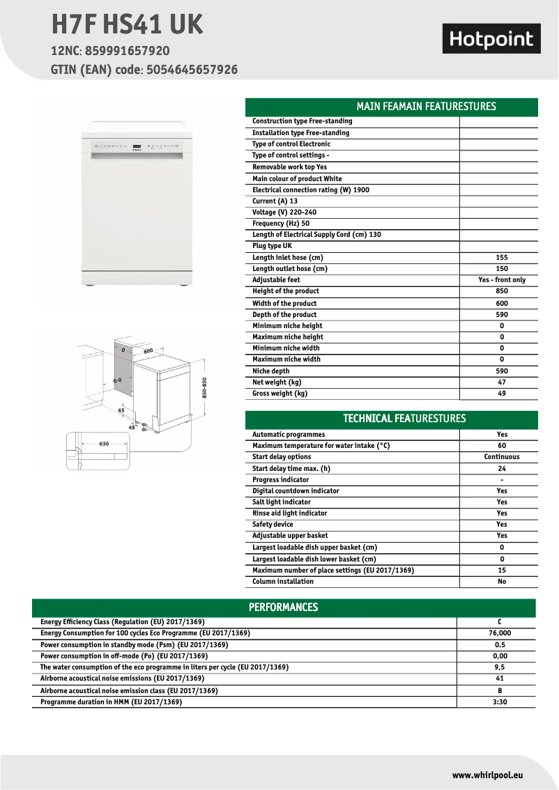 Page 1 de la notice Fiche technique Hotpoint H7F HS41 UK