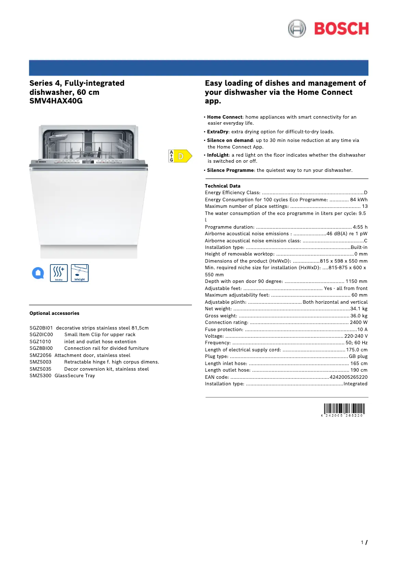 Page 1 de la notice Fiche technique Bosch Serie 4 SMV4HAX40G