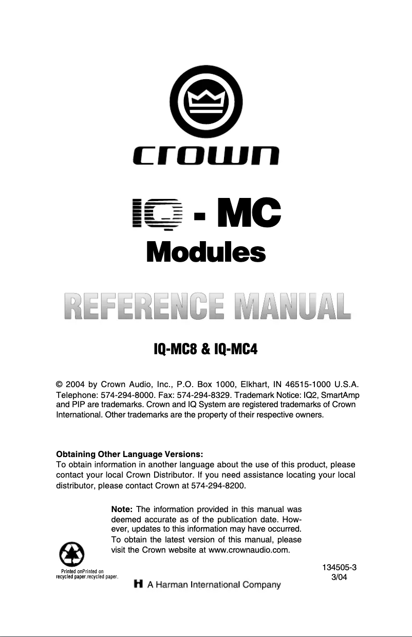 Page 1 de la notice Manuel utilisateur Crown IQ-MC8