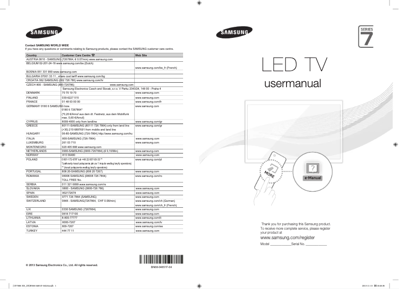 Page 1 de la notice Manuel utilisateur Samsung UE60F7000SL