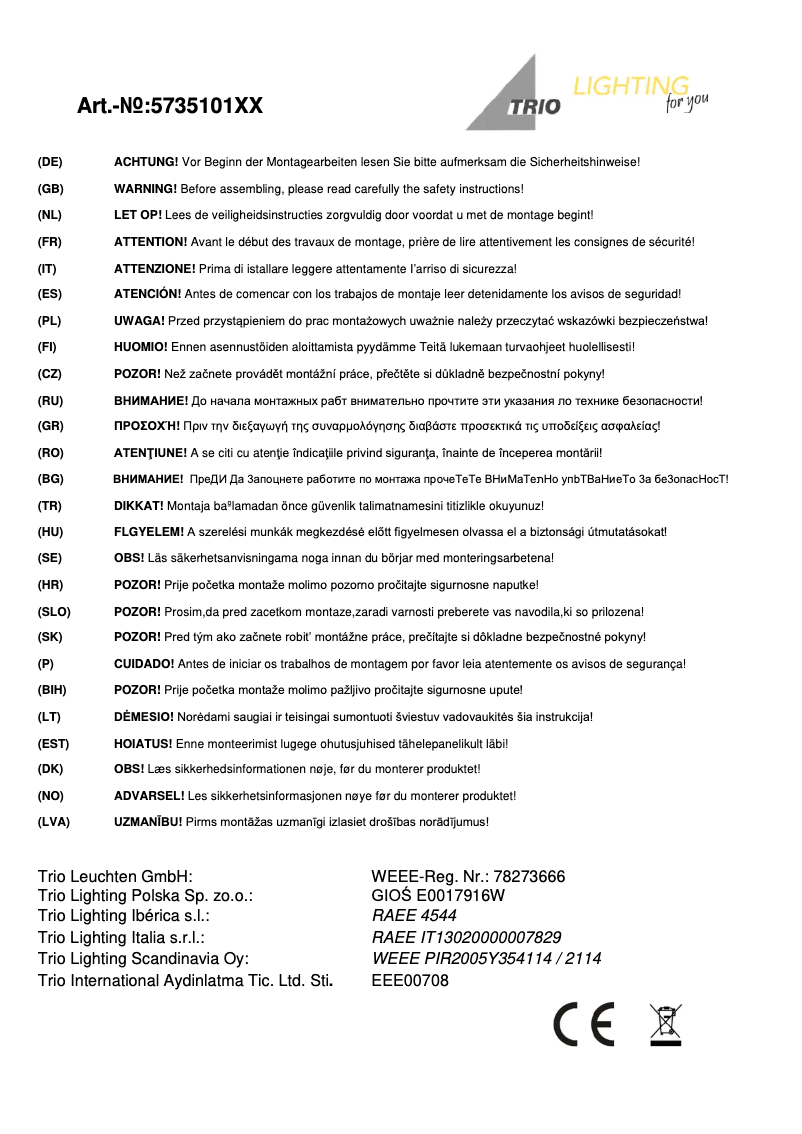 Page 1 de la notice Manuel utilisateur Trio Lighting Nadir 573510101