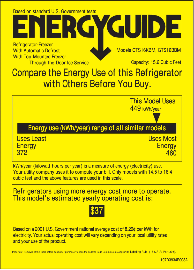 Page 1 de la notice Label énergétique GE GTS16BBMRWW