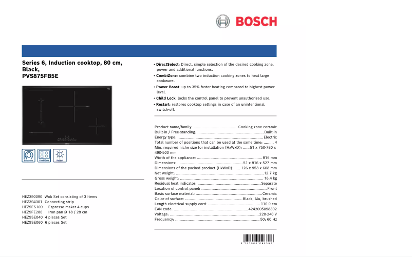 Page 1 de la notice Fiche technique Bosch PVS875FB5E