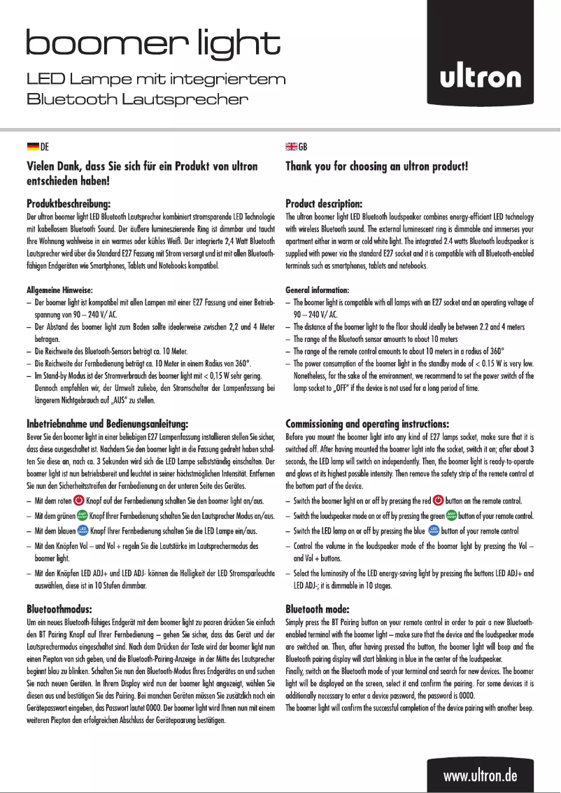 Page 1 de la notice Manuel utilisateur Ultron Boomer Light