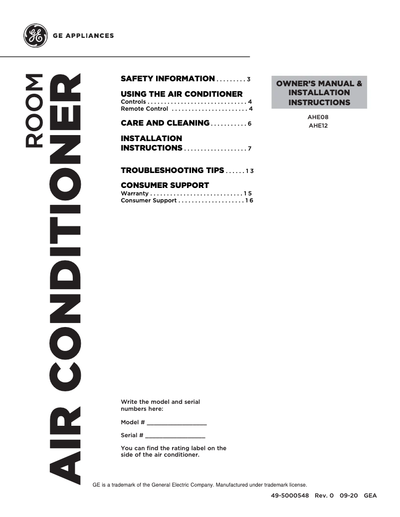 Page 1 de la notice Manuel d'utilisation et d'entretien GE AHE08AX
