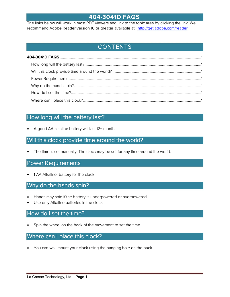 Page 1 de la notice FAQ La Crosse Technology 404-3041D